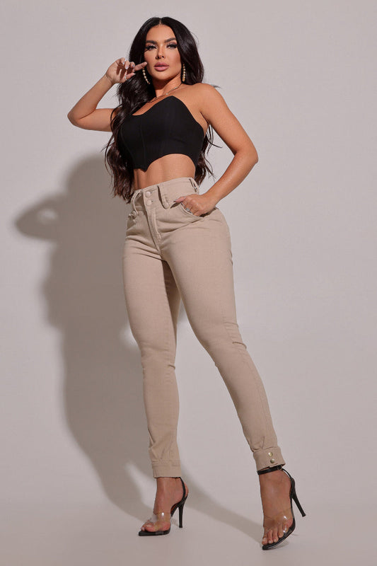 Calça Jeans Feminina Modeladora Nude Detalhe Barra - CH94