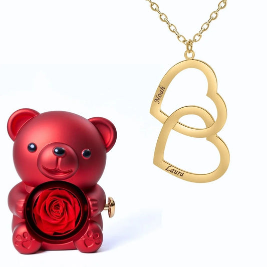 Eternal Rose Bear & Personalized Double Heart Necklace with Two Names